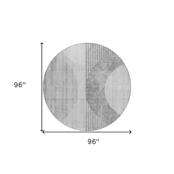 8' Gray Silver And Charcoal Round Geometric Washable Indoor Outdoor Area Rug