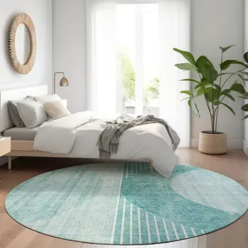 8' Teal Blue And Aqua Round Geometric Washable Indoor Outdoor Area Rug