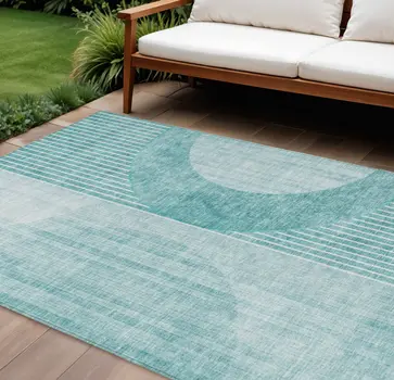 8' X 10' Teal Blue And Aqua Geometric Washable Indoor Outdoor Area Rug