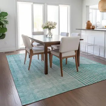 10' X 14' Teal Blue And Aqua Geometric Washable Indoor Outdoor Area Rug