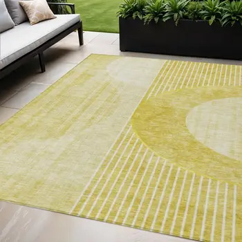 5' X 8' Wheat Gold And Ivory Geometric Washable Indoor Outdoor Area Rug