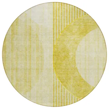 8' Wheat Gold And Ivory Round Geometric Washable Indoor Outdoor Area Rug