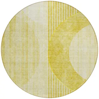 8' Wheat Gold And Ivory Round Geometric Washable Indoor Outdoor Area Rug