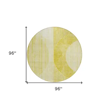8' Wheat Gold And Ivory Round Geometric Washable Indoor Outdoor Area Rug