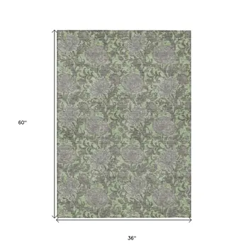 3' X 5' Artichoke Green Gray And Taupe Floral Washable Indoor Outdoor Area Rug