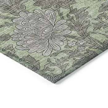3' X 5' Artichoke Green Gray And Taupe Floral Washable Indoor Outdoor Area Rug