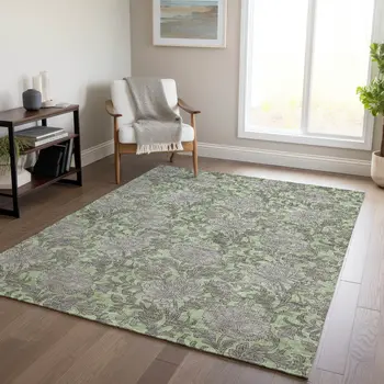 3' X 5' Artichoke Green Gray And Taupe Floral Washable Indoor Outdoor Area Rug