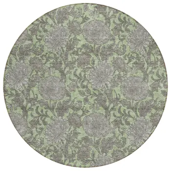 8' Artichoke Green Gray And Taupe Round Floral Washable Indoor Outdoor Area Rug