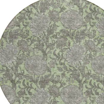 8' Artichoke Green Gray And Taupe Round Floral Washable Indoor Outdoor Area Rug