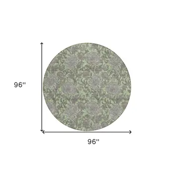 8' Artichoke Green Gray And Taupe Round Floral Washable Indoor Outdoor Area Rug