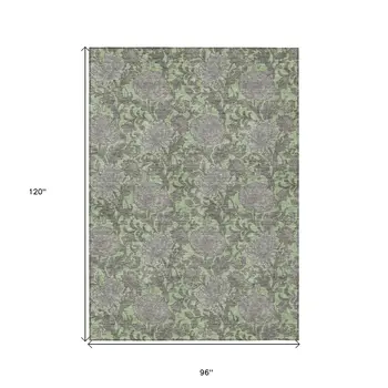 8' X 10' Artichoke Green Gray And Taupe Floral Washable Indoor Outdoor Area Rug
