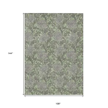 9' X 12' Artichoke Green Gray And Taupe Floral Washable Indoor Outdoor Area Rug
