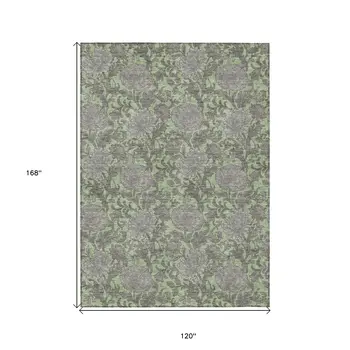 10' X 14' Artichoke Green Gray And Taupe Floral Washable Indoor Outdoor Area Rug