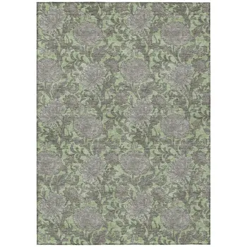 10' X 14' Artichoke Green Gray And Taupe Floral Washable Indoor Outdoor Area Rug