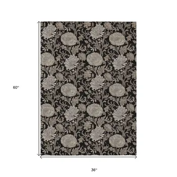 3' X 5' Black Taupe And Beige Floral Washable Indoor Outdoor Area Rug