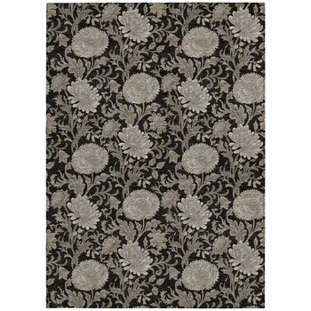 3' X 5' Black Taupe And Beige Floral Washable Indoor Outdoor Area Rug