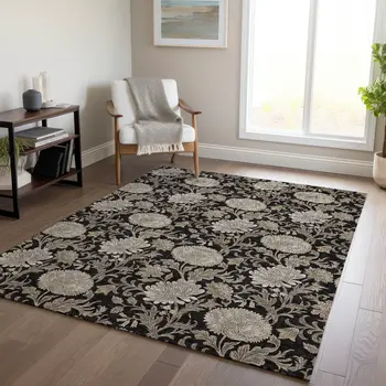 3' X 5' Black Taupe And Beige Floral Washable Indoor Outdoor Area Rug