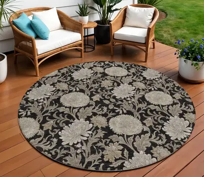 8' Black Taupe And Beige Round Floral Washable Indoor Outdoor Area Rug