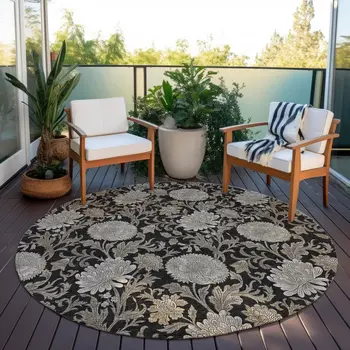 8' Black Taupe And Beige Round Floral Washable Indoor Outdoor Area Rug