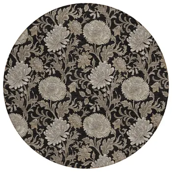 8' Black Taupe And Beige Round Floral Washable Indoor Outdoor Area Rug