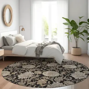 8' Black Taupe And Beige Round Floral Washable Indoor Outdoor Area Rug