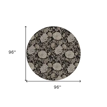 8' Black Taupe And Beige Round Floral Washable Indoor Outdoor Area Rug