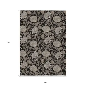 8' X 10' Black Taupe And Beige Floral Washable Indoor Outdoor Area Rug