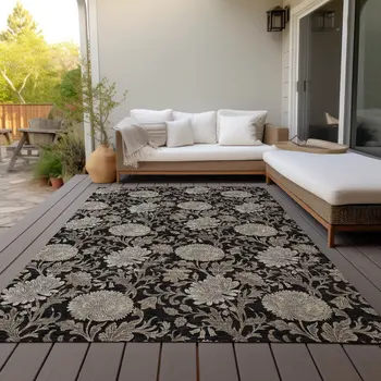 9' X 12' Black Taupe And Beige Floral Washable Indoor Outdoor Area Rug
