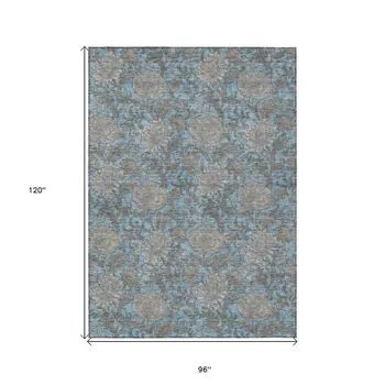 8' X 10' Blue Gray And Silver Floral Washable Indoor Outdoor Area Rug