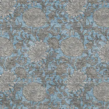 8' X 10' Blue Gray And Silver Floral Washable Indoor Outdoor Area Rug