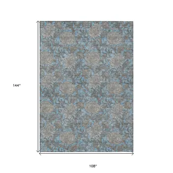 9' X 12' Blue Gray And Silver Floral Washable Indoor Outdoor Area Rug