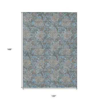 10' X 14' Blue Gray And Silver Floral Washable Indoor Outdoor Area Rug