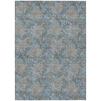 10' X 14' Blue Gray And Silver Floral Washable Indoor Outdoor Area Rug