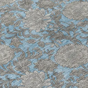 10' X 14' Blue Gray And Silver Floral Washable Indoor Outdoor Area Rug