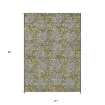 3' X 5' Gold Gray And Charcoal Floral Washable Indoor Outdoor Area Rug