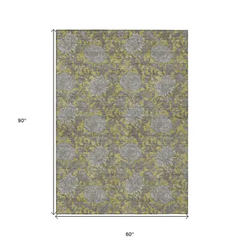 5' X 8' Gold Gray And Charcoal Floral Washable Indoor Outdoor Area Rug