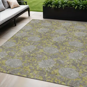 5' X 8' Gold Gray And Charcoal Floral Washable Indoor Outdoor Area Rug