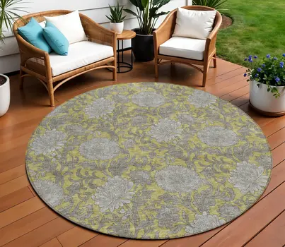 8' Gold Gray And Charcoal Round Floral Washable Indoor Outdoor Area Rug