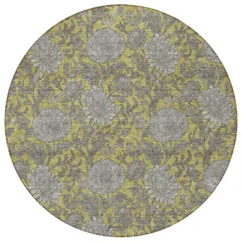 8' Gold Gray And Charcoal Round Floral Washable Indoor Outdoor Area Rug