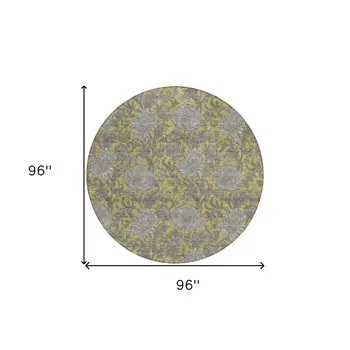 8' Gold Gray And Charcoal Round Floral Washable Indoor Outdoor Area Rug