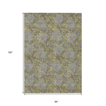 8' X 10' Gold Gray And Charcoal Floral Washable Indoor Outdoor Area Rug