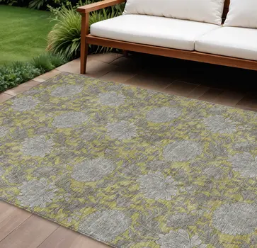 8' X 10' Gold Gray And Charcoal Floral Washable Indoor Outdoor Area Rug