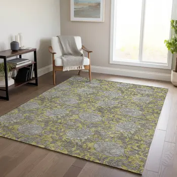 8' X 10' Gold Gray And Charcoal Floral Washable Indoor Outdoor Area Rug