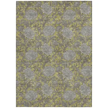 9' X 12' Gold Gray And Charcoal Floral Washable Indoor Outdoor Area Rug