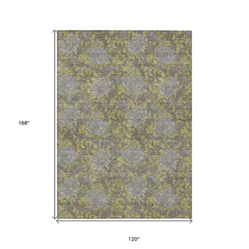 10' X 14' Gold Gray And Charcoal Floral Washable Indoor Outdoor Area Rug
