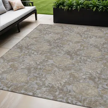 5' X 8' Gray Silver And Taupe Floral Washable Indoor Outdoor Area Rug