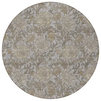 8' Gray Silver And Taupe Round Floral Washable Indoor Outdoor Area Rug