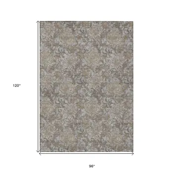 8' X 10' Gray Silver And Taupe Floral Washable Indoor Outdoor Area Rug