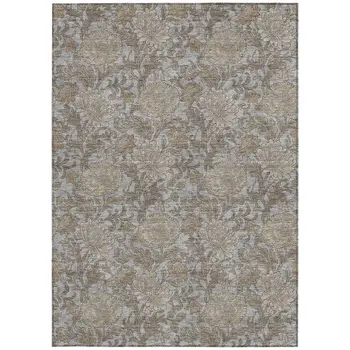 9' X 12' Gray Silver And Taupe Floral Washable Indoor Outdoor Area Rug