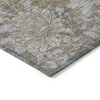 9' X 12' Gray Silver And Taupe Floral Washable Indoor Outdoor Area Rug